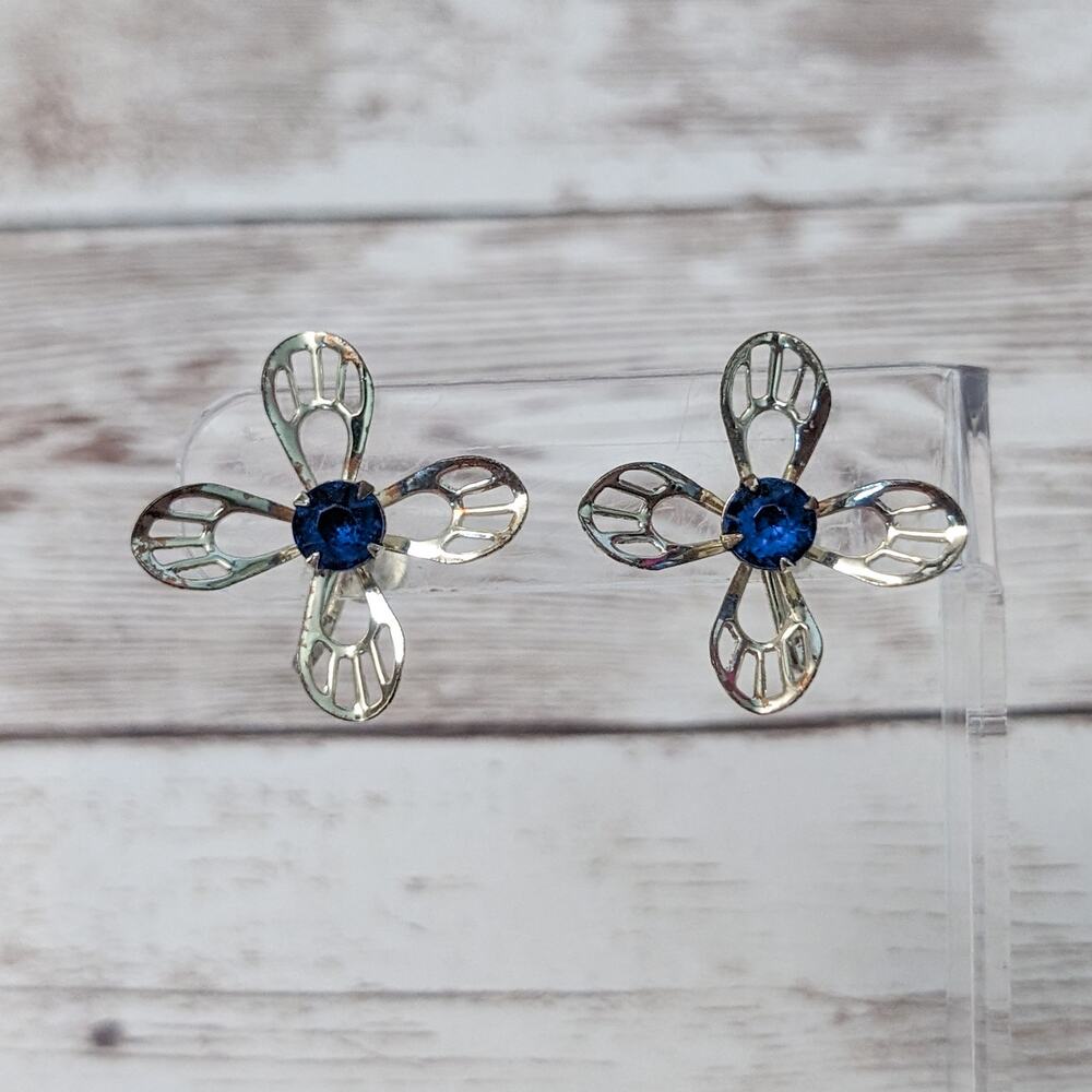 Vintage Screw On Earrings - Large Flower with Blue Gem - Condition Issues